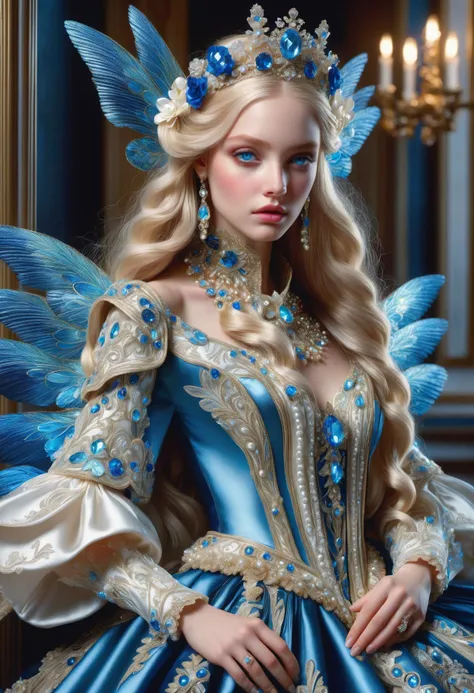 DonMM1yaXL woman, baroque Ball Gowns, Pearl Buttons, Beaded Fringe, Metallic Threadwork Bodices, Pleated Skirt Panels, Muff Hand Warmers, cerulean, wings, <lora:myLora\DonMM1y4XL-v1.1-000008:.8> <lora:released\DonM3t3rn1tyXL-v1.1-000008:.8> <lora:SDXL\DetailedEyes_V3> <lora:myLora\DonMDr4g0nXL-rb>