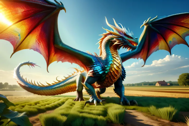 Tiamat, prismatic dragon, mother of all dragons, wings spread wide, soaring over a peaceful landscape of fields and farms, scales shimmering in the sun, majestic, magical,
(8k uhd), high detailed skin, RAW photo, realistic, skin texture, absurdres, high quality, film grain, HD, Sharp, <lora:add-detail-xl:1> <lora:dvrscls:1> drvscls, scales <lora:DonMDr4g0nXL-rb:0.8> DonMDr4g0nXL