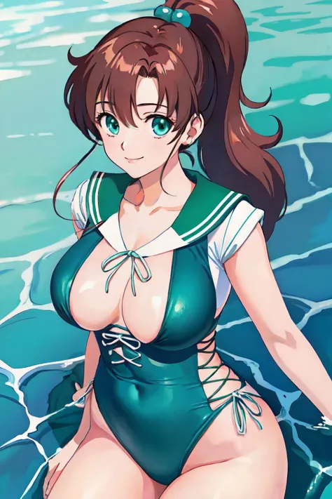 tmasterpiece， best qualtiy， A high resolution， Jupiter 1， 1 rapariga， solo， low angles， Sailor senshi uniform， the sailor jupiter， Makoto Kino， red brown hair， magical ， Green eyes， white  panties， Green skirt， gloves on the elbow， head gear， pleatedskirt， Green sailor color， ， choker necklace， Lightning background， green choker， whitegloves， pony tails， jewely， 耳Nipple Ring， dynamicposes， beach sand background， The expression of 2.0，8K、Nipples are visible