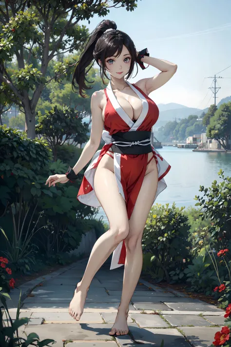 <lora:Shiranui_Mai:0.7>,shiranui_mai, (1girl),(dancing), bare shoulders, pelvic curtain, red revealing clothes, bare arms, (high ponytail:1.2),long hair, cleavage,(red thong),(gigantic breasts:1.3), black sash, full body, bare legs, bare feet, masterpiece, best quality, (colorful),(delicate eyes and face), volumatic light, ray tracing, bust shot ,extremely detailed CG unity 8k wallpaper,smile,((flying petal)),(Flowery meadow) sunny,sunshine, light, fantasy, windy, magic sparks, trees, lake, mountains, ((flowers)),harano,
