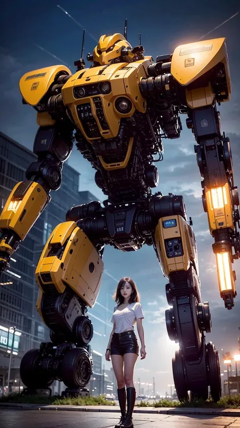 ((masterpiece, best quality)),illustration,ultra detailed 8k,photorealistic,sharp focus,highly detailed,professional lighting,colorful details,iridescent colors BREAK extreme long shot of a factory,large mechanical robot construction,microchip,computer,glowing,intricate details,<lora:shitu-mechaV1:0.5>,1girl is standing in front of the audience,