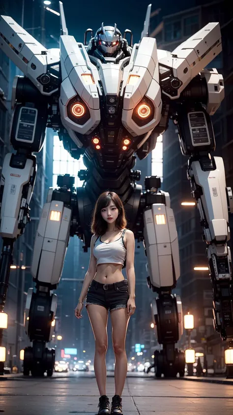 ((masterpiece, best quality)),illustration,ultra detailed 8k,photorealistic,sharp focus,highly detailed,professional lighting,colorful details,iridescent colors BREAK extreme long shot of a factory,large mechanical robot construction,microchip,computer,glowing,intricate details,<lora:shitu-mechaV1:0.5>,shitu-mecha,1girl is standing in front of the audience,Navel,Mechanical Ji,
