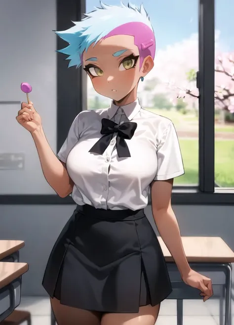 masterpiece,1girl, <lora:jtveemo-15:1> jtveemo,solo,cowboy shot, parted lips, lollipop, multicolored hair, detailed background, detailed shadows, classroom, windows, cherry blossoms, school uniform, skirt,(white hair, gradient hair, dark-skinned female), (mohawk, undercut:1.3)