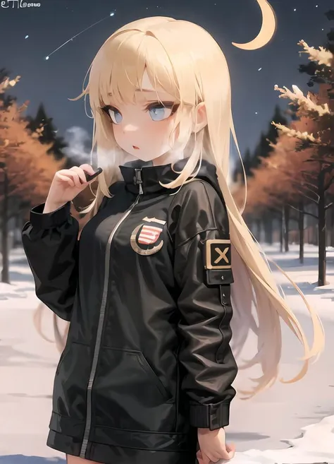 anime girl with long blonde hair and black jacket in the snow