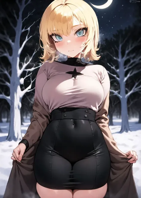 masterpiece, highres ,1girl, jtveemo <lora:jtveemo-16:1>, cowboy shot, detailed background, detailed shadows, outdoors, night, stars, crescent moon, jacket, fogged breath, snow, forest