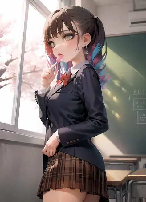 standing,masterpiece, 1girl, highres,<lora:jtveemo-23:1> jtveemo,cowboy shot, parted lips, lollipop, multicolored hair,asymmetrical hair, (asymmetrical hair), detailed background, detailed shadows, classroom, windows, cherry blossoms, school uniform, skirt, earring