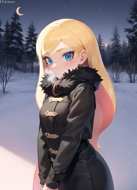 masterpiece,1girl, <lora:jtveemo-15:1> jtveemo,  cowboy shot,detailed background, detailed shadows, outdoors, night, stars, crescent moon, winter coat, fogged breath, snow, forest,
blonde hair, blue eyes, fur trim,