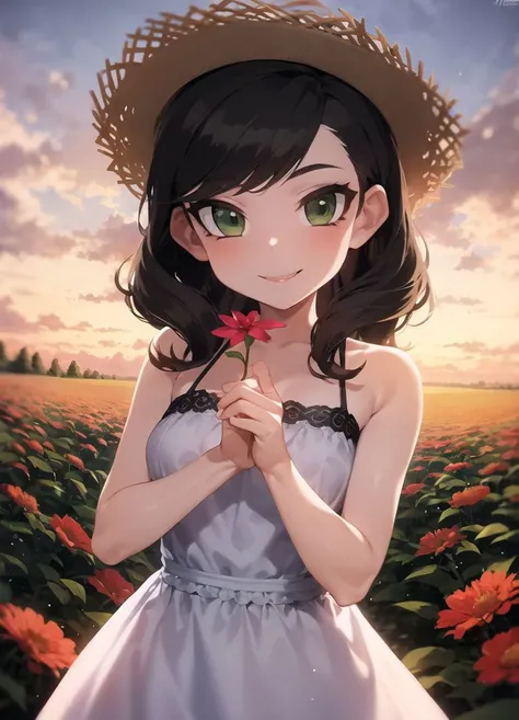 masterpiece,1girl, <lora:jtveemo-15:1> jtveemo, cowboy shot,detailed background, detailed shadows, outdoors, smile, looking at viewer, long dress, straw hat, sunset, red flower field, black hair, curly hair, green eyes, bare shoulders, holding red flower, detailed hand