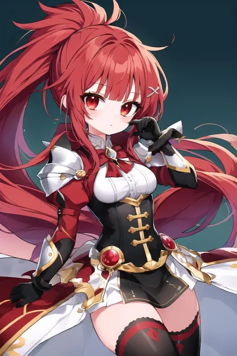 (masterpiece, best quality), 1girl, solo, minigirl, petite, long sleeves, armor dress, metallic corset, elesis_\(elsword\), underbust, ponytail, medium breasts, messy hair, dutch angle, attack, head tilt
, <lora:elesis_elsword-10:1> elesis_elsword, thighhighs, very long hair, gloves,