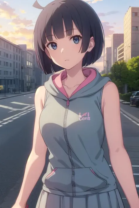 toukakishi, <lora:touka kishi hnu-lora-nochekaiser:1>,
touka kishi, short hair, black hair, bob cut, bangs, blunt bangs, (black eyes:1.3), ahoge,
BREAK skirt, hood, hoodie, sleeveless, hood down, sleeveless hoodie,
BREAK outdoors, city, sun, clouds,
BREAK looking at viewer, (cowboy shot:1.5),
BREAK <lyco:GoodHands-beta2:1>, (masterpiece:1.2), best quality, high resolution, unity 8k wallpaper, (illustration:0.8), (beautiful detailed eyes:1.6), extremely detailed face, perfect lighting, extremely detailed CG, (perfect hands, perfect anatomy),