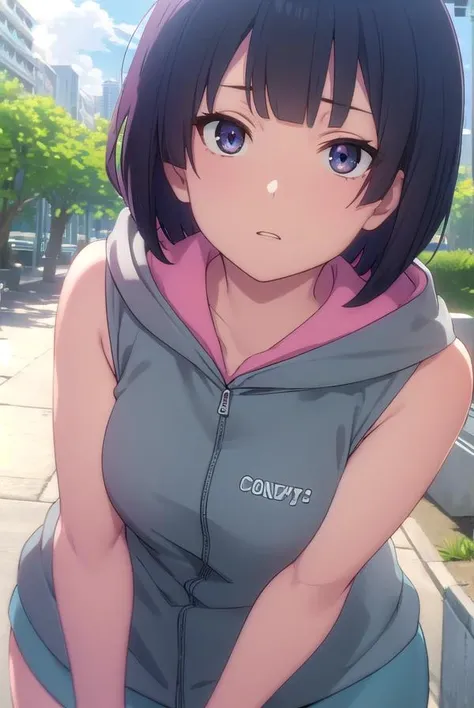 toukakishi, <lora:touka kishi hnu-lora-nochekaiser:1>,
touka kishi, short hair, black hair, bob cut, bangs, blunt bangs, (black eyes:1.3), ahoge,
BREAK skirt, hood, hoodie, sleeveless, hood down, sleeveless hoodie,
BREAK outdoors, city, sun, clouds,
BREAK looking at viewer, (cowboy shot:1.5),
BREAK <lyco:GoodHands-beta2:1>, (masterpiece:1.2), best quality, high resolution, unity 8k wallpaper, (illustration:0.8), (beautiful detailed eyes:1.6), extremely detailed face, perfect lighting, extremely detailed CG, (perfect hands, perfect anatomy),