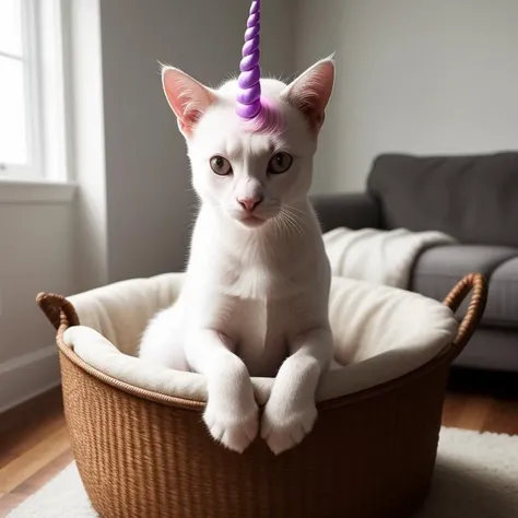 realistic photo of cute pony unicorn cat hybrid, sitting in basket in living room