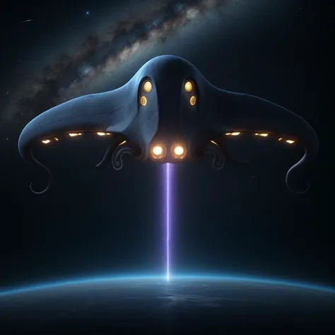 movie about aerodynamic octopus shaped spaceship, cute big eyes as view ports, streamlined tentacle wings, in space with milky way in background, 4k