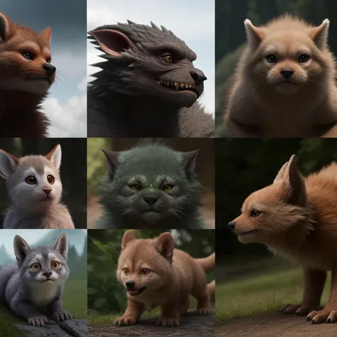 collage of cute tiny soft furry fantasy anthropomorphic monsters, 4k, masterpiece, high quality