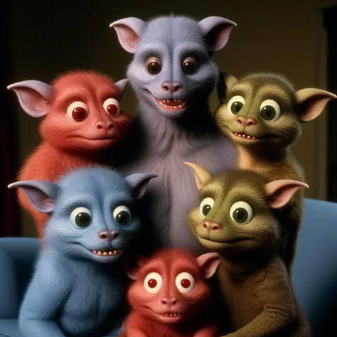 realistic photo of 80s sitcom about cute tiny anthropomorphic monsters, 4k, masterpiece, high quality