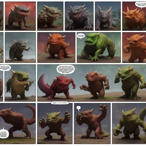 comic book page of cute tiny anthropomorphic monsters, 4k, masterpiece, high quality