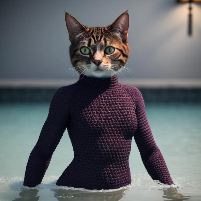realistic photo of humanoid cat posing in bathing woolen crochet wetsuit, 4k, masterpiece, high quality