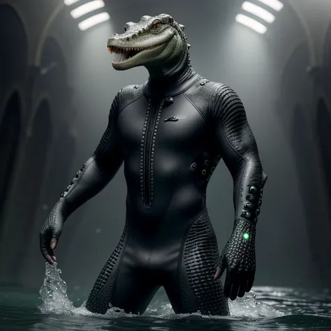 realistic photo of humanoid crocodile posing in bathing alien studded wetsuit, 4k, masterpiece, high quality