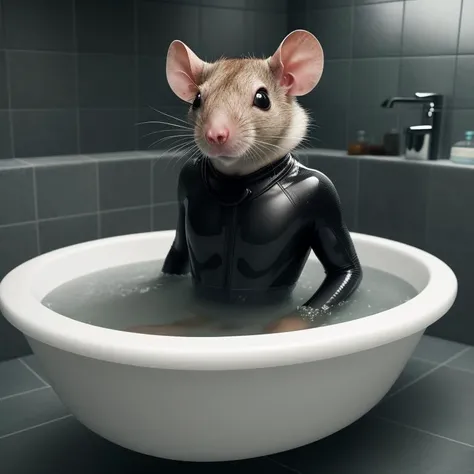 realistic photo of humanoid rodent posing in bathing alien padded wetsuit, taking a bath, 4k, masterpiece, high quality