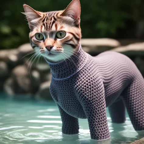 realistic photo of humanoid cat posing in bathing woolen crochet wetsuit, 4k, masterpiece, high quality