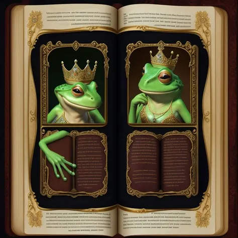 page scan of magic book with illustration of anthropomorphic frogs as princesses, crowns, fancy dresses 4k, cinematic, high quality