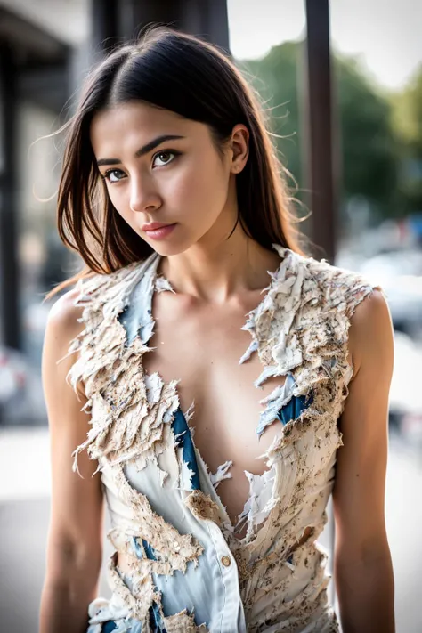 realistic, (torn clothes):1.8, <lora:clothing_explosion_lora01:1>, RAW photo, photography, detailed skin, soft natural raw light, highly detailed, best quality, ultra detailed, extremely detailed, taken from mobile camera, f/22, deep depth of field, grain, noise, ((upper body)), look at viewer, woman, zoom out