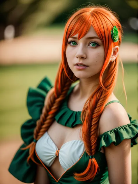 (Highest Quality, 4k, masterpiece, Amazing Details:1.1), Shallow Depth of Field, E671, lens 50mm f/2.0, ((young_woman,cosplay, Green and dark orange hair styled as French twist)), (photorealistic) (RAW Photo)