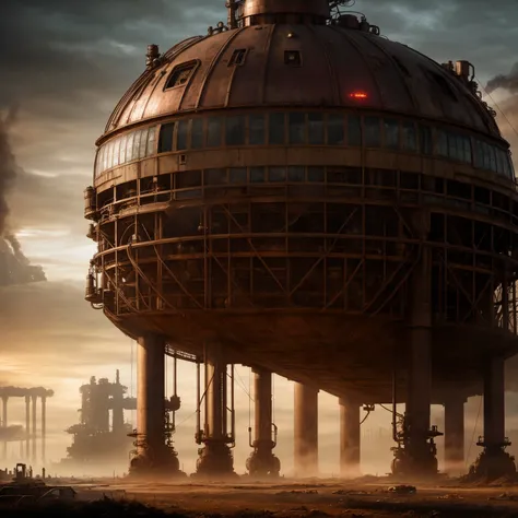 RAW photo, (epic landscape), masterpiece, ((dieselpunk)), futuristic factory, postapocalyptic, smoke, best quality, dynamic pos, ultra detailed, reflective puddles, metal plates, rust, full body, fluid movement, light trail, dramatic lighting, red tone, short_hair, Photorealistic, Hyperrealistic, Hyperdetailed, analog style, detailed skin, matte skin, soft lighting, subsurface scattering, realistic, heavy shadow, masterpiece, best quality, ultra realistic, 8k, High Detail, film photography, soft focus,