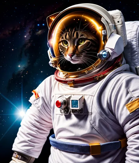 a cat, ((astronaut outfit)), epic scene, dynamic camera, backlight, (close up:1.2), high quality photography, 3 point lighting, flash with softbox, 4k, Canon EOS R3, hdr, smooth, sharp focus, high resolution, award winning photo, 80mm, f2.8, bokeh
