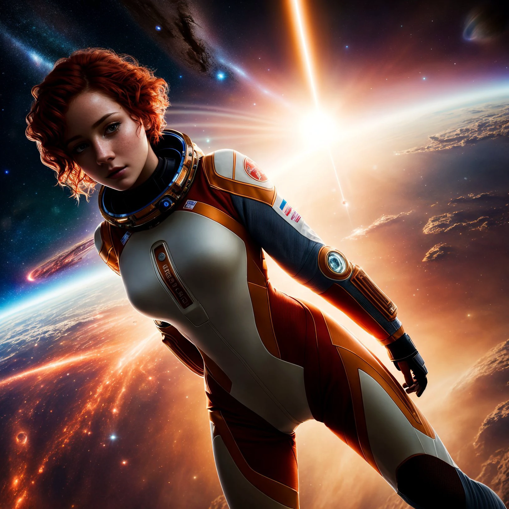 RAW photo, ung_woman, masterpiece, best quality, dynamic pos, ultra detailed, (space_suit), full body, fluid movement, light trail, dramatic lighting, red tone, small breasts, short red hair, Photorealistic, Hyperrealistic, Hyperdetailed, analog style, detailed skin, matte skin, soft lighting, subsurface scattering, realistic, heavy shadow, masterpiece, best quality, ultra realistic, 8k, High Detail, film photography, soft focus