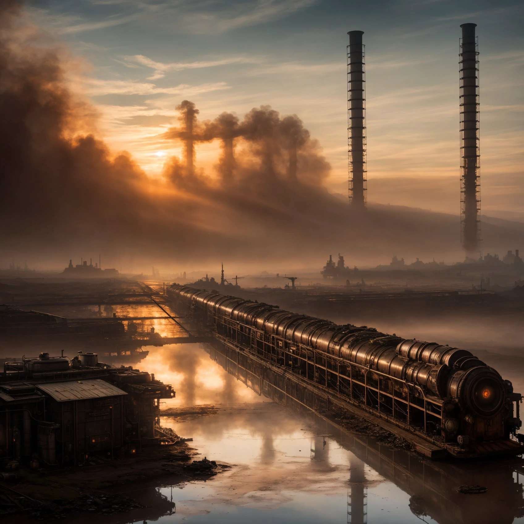 RAW photo, (epic landscape), masterpiece, ((dieselpunk)), futuristic factory, postapocalyptic, smoke, best quality, dynamic pos, ultra detailed, reflective puddles, metal plates, rust, full body, fluid movement, light trail, dramatic lighting, red tone, short_hair, Photorealistic, Hyperrealistic, Hyperdetailed, analog style, detailed skin, matte skin, soft lighting, subsurface scattering, realistic, heavy shadow, masterpiece, best quality, ultra realistic, 8k, High Detail, film photography, soft focus,