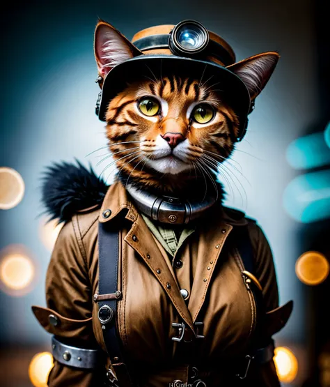 a cat, ((dieselpunk outfit)), epic scene, dynamic camera, backlight, (close up:1.2), high quality photography, 3 point lighting, flash with softbox, 4k, Canon EOS R3, hdr, smooth, sharp focus, high resolution, award winning photo, 80mm, f2.8, bokeh