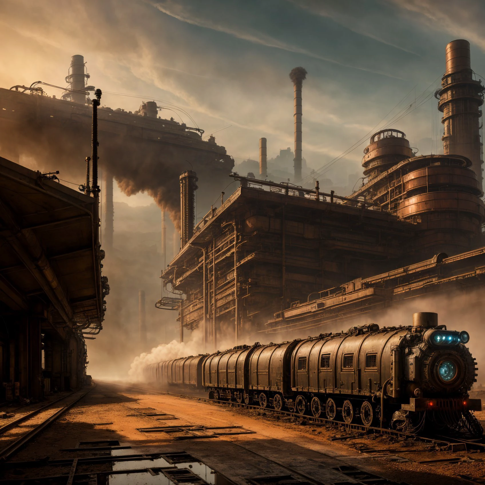 RAW photo, (epic landscape), masterpiece, ((dieselpunk)), futuristic factory, postapocalyptic, smoke, best quality, dynamic pos, ultra detailed, reflective puddles, metal plates, rust, full body, fluid movement, light trail, dramatic lighting, red tone, short_hair, Photorealistic, Hyperrealistic, Hyperdetailed, analog style, detailed skin, matte skin, soft lighting, subsurface scattering, realistic, heavy shadow, masterpiece, best quality, ultra realistic, 8k, High Detail, film photography, soft focus,