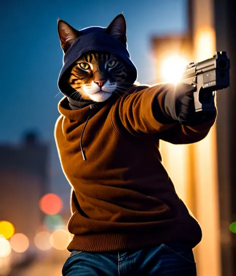 a cat, ((bank robber)),wearing a balaclava, holding a gun, epic scene, dynamic camera, backlight, high quality photography, 3 point lighting, flash with softbox, 4k, Canon EOS R3, hdr, smooth, sharp focus, high resolution, award winning photo, 80mm, f2.8, bokeh