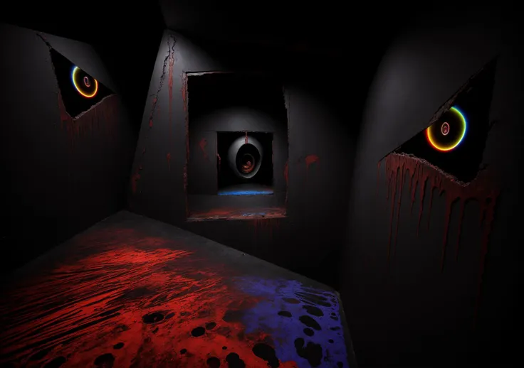 masterpiece oil painting, dark theme, colorful, ZdzisÅaw BeksiÅski style, dark theme, dutch angle shot, a tilting insane twisted funhouse spiraling into a vortex, demonic mirror eyes carved into the walls, blood and guts strewn about on the walls and floor, neon rainbow circus patterns dripping colored paint