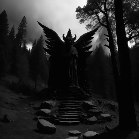 Ansel Adams style, monochrome, greyscale, photorealism, best quality, intricate details, stone cliff face in charred forest clearing near woods, Satanic Baphomet standing ominously in the distance, silhouette, black obsidian sacrificial altar