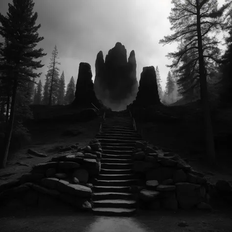 Ansel Adams style, monochrome, greyscale, photorealism, best quality, intricate details, stone cliff face in charred forest clearing near woods, Satanic Baphomet standing ominously in the distance, silhouette, black obsidian sacrificial altar