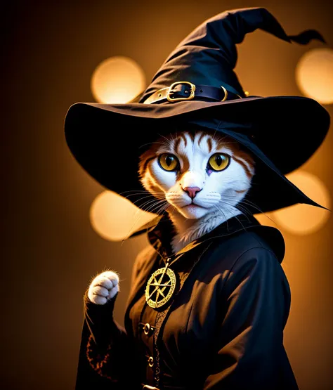 a cat, ((witch outfit)), epic scene, dynamic camera, backlight, (close up:1.2), high quality photography, 3 point lighting, flash with softbox, 4k, Canon EOS R3, hdr, smooth, sharp focus, high resolution, award winning photo, 80mm, f2.8, bokeh
