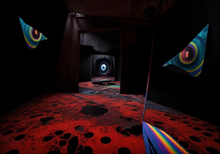 masterpiece oil painting, dark theme, colorful, ZdzisÅaw BeksiÅski style, dark theme, dutch angle shot, a tilting insane twisted funhouse spiraling into a vortex, demonic mirror eyes carved into the walls, blood and guts strewn about on the walls and floor, neon rainbow circus patterns dripping colored paint