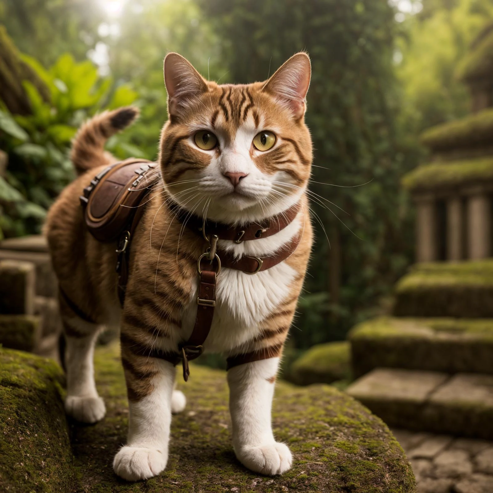 (a cat_adventurer), (adventurer outfit:1.3), searching for treasure, epic overgrown temple ruin, epic scene, lush plants,dynamic camera, backlight, (close up:1.3), high quality photography, 3 point lighting, flash with softbox, 4k, Canon EOS R3, hdr, smooth, sharp focus, high resolution, award winning photo, 80mm, f2.8, bokeh