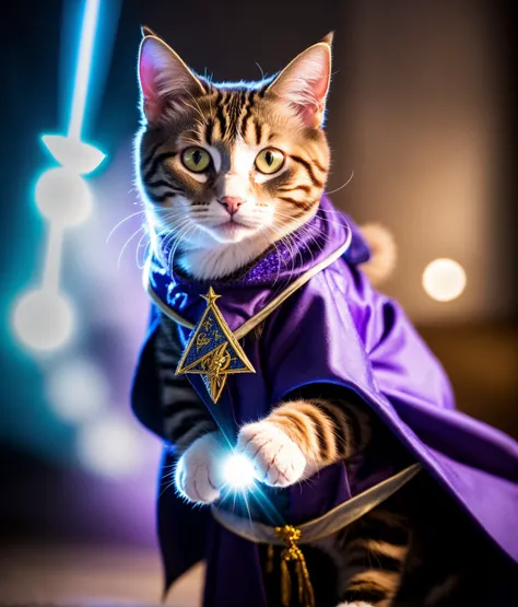 a cat, ((wizard outfit)), epic scene, dynamic camera, backlight, (close up:1.2), high quality photography, 3 point lighting, flash with softbox, 4k, Canon EOS R3, hdr, smooth, sharp focus, high resolution, award winning photo, 80mm, f2.8, bokeh