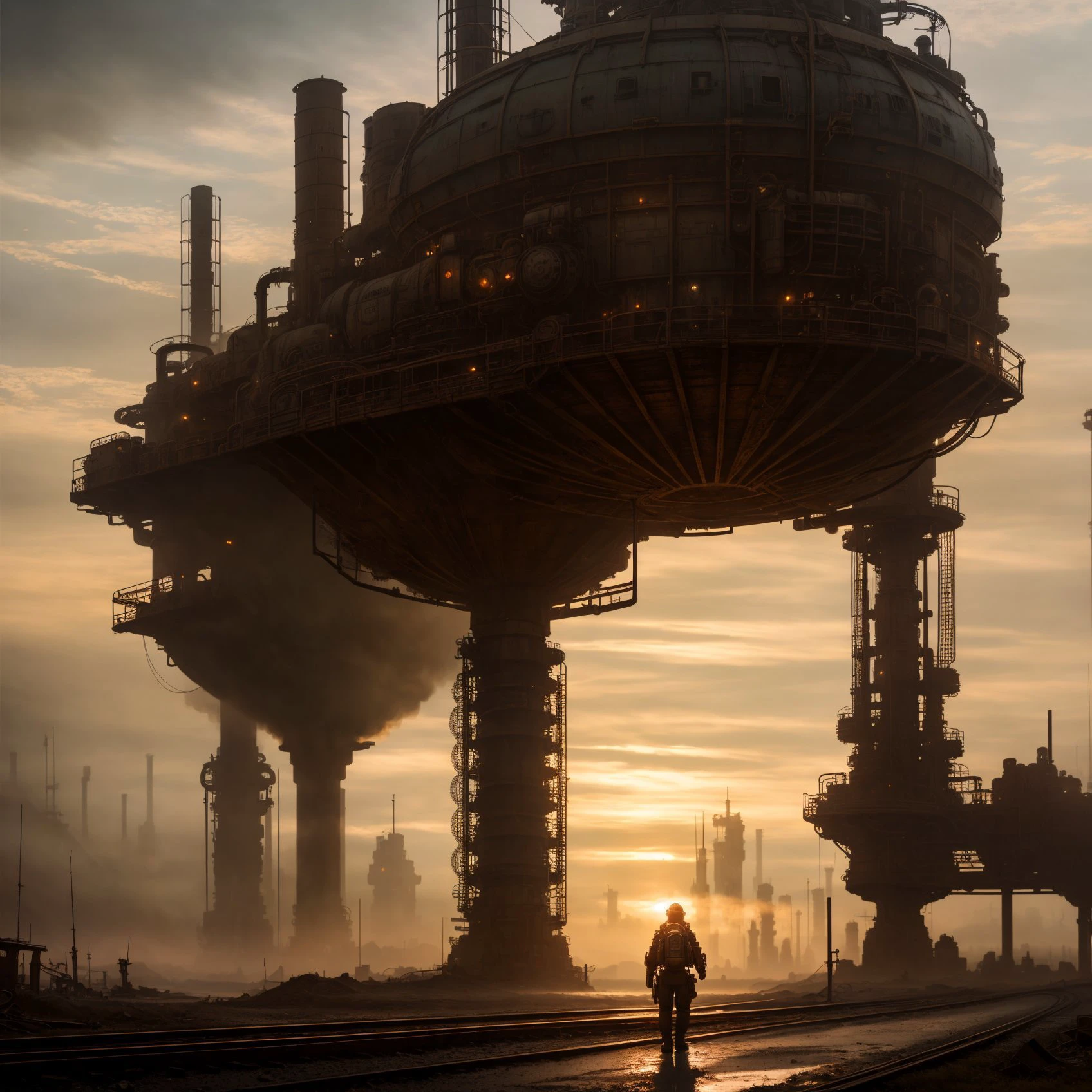 RAW photo, (epic landscape), masterpiece, ((dieselpunk)), futuristic factory, postapocalyptic, smoke, best quality, dynamic pos, ultra detailed, reflective puddles, metal plates, rust, full body, fluid movement, light trail, dramatic lighting, red tone, short_hair, Photorealistic, Hyperrealistic, Hyperdetailed, analog style, detailed skin, matte skin, soft lighting, subsurface scattering, realistic, heavy shadow, masterpiece, best quality, ultra realistic, 8k, High Detail, film photography, soft focus,