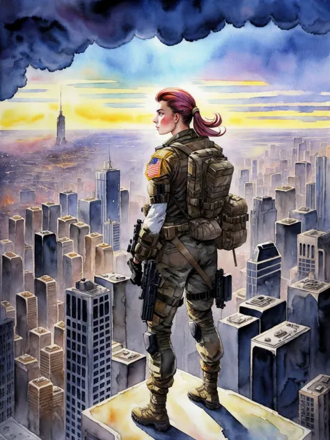 soldier woman standing on the edge of a skyscraper looking down, on the last day on earth, post-apocalyptic destroyed city background (colorful aquarelle )