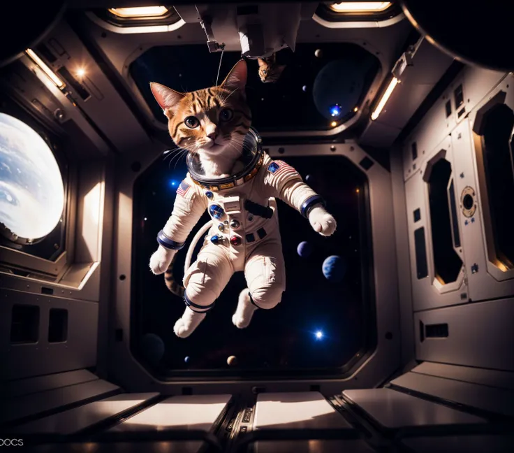 ((photo:1.2)), A cute cat, space suit, dramatic lighting, dynamic pose, dynamic camera,masterpiece, best quality, dark shadows, ((inside space station))