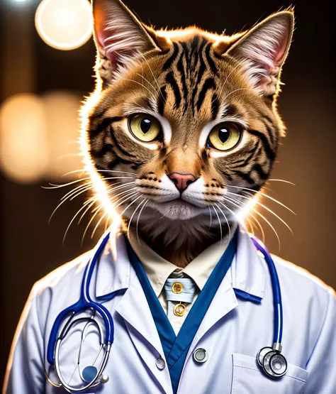 a cat, ((doctor outfit)), epic scene, dynamic camera, backlight, (close up:1.2), high quality photography, 3 point lighting, flash with softbox, 4k, Canon EOS R3, hdr, smooth, sharp focus, high resolution, award winning photo, 80mm, f2.8, bokeh