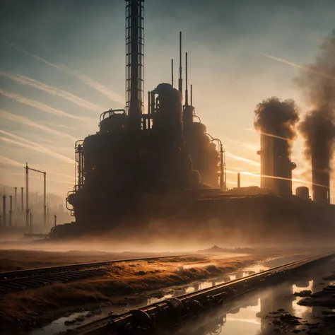 RAW photo, (epic landscape), masterpiece, ((dieselpunk)), futuristic factory, postapocalyptic, smoke, best quality, dynamic pos, ultra detailed, reflective puddles, metal plates, rust, full body, fluid movement, light trail, dramatic lighting, red tone, short_hair, Photorealistic, Hyperrealistic, Hyperdetailed, analog style, detailed skin, matte skin, soft lighting, subsurface scattering, realistic, heavy shadow, masterpiece, best quality, ultra realistic, 8k, High Detail, film photography, soft focus,