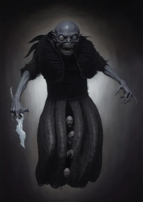 oil on canvas, 8k resolution, masterpiece, Wayne Barlowe style, best quality, ultra details, dark theme, oil painting of a horrible ugly bald witch flying in a dark dungeon chamber, pale grey skin, clothing made of grimy worms, sharp teeth, pale white eyes, break, holding a curved kris dagger in her hand and pointing