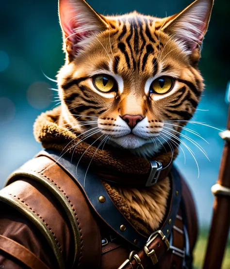 a cat, ((adventurer outfit)), epic scene, dynamic camera, backlight, (close up:1.2), high quality photography, 3 point lighting, flash with softbox, 4k, Canon EOS R3, hdr, smooth, sharp focus, high resolution, award winning photo, 80mm, f2.8, bokeh