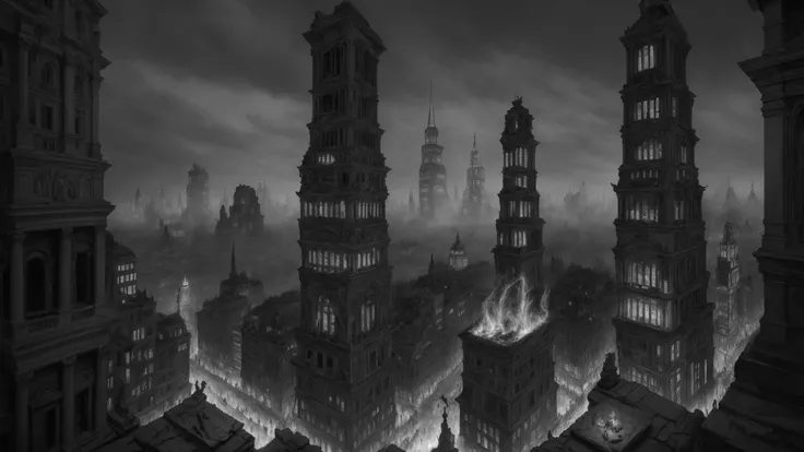 charcoal on canvas, greyscale, masterpiece, best quality, Bekzinski style, ultra details, charcoal drawing of Dis, the capital of hell, viewed from an ornate stone balcony, cavernous demonic city of lifeless skyscrapers and eternal night, dark theme, buildings carved into cliffside