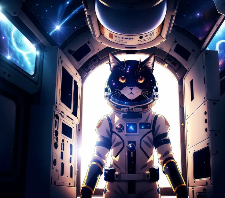 ((anime art style:1.3)), A cute cat, space suit, dramatic lighting, dynamic pose, dynamic camera,masterpiece, best quality, dark shadows, ((inside space station))